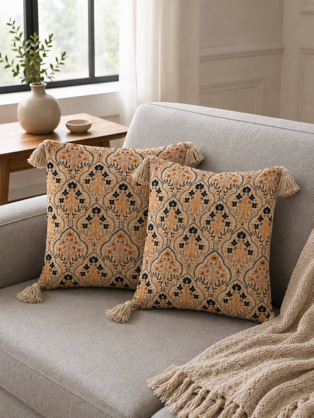 Pure Cotton Hand Block Printed Cushion Cover with Tassels | 16x16 Inch
