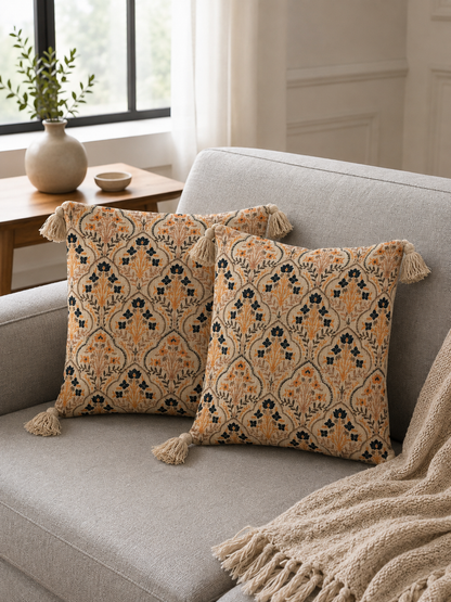 Pure Cotton Hand Block Printed Cushion Cover with Tassels | 16x16 Inch