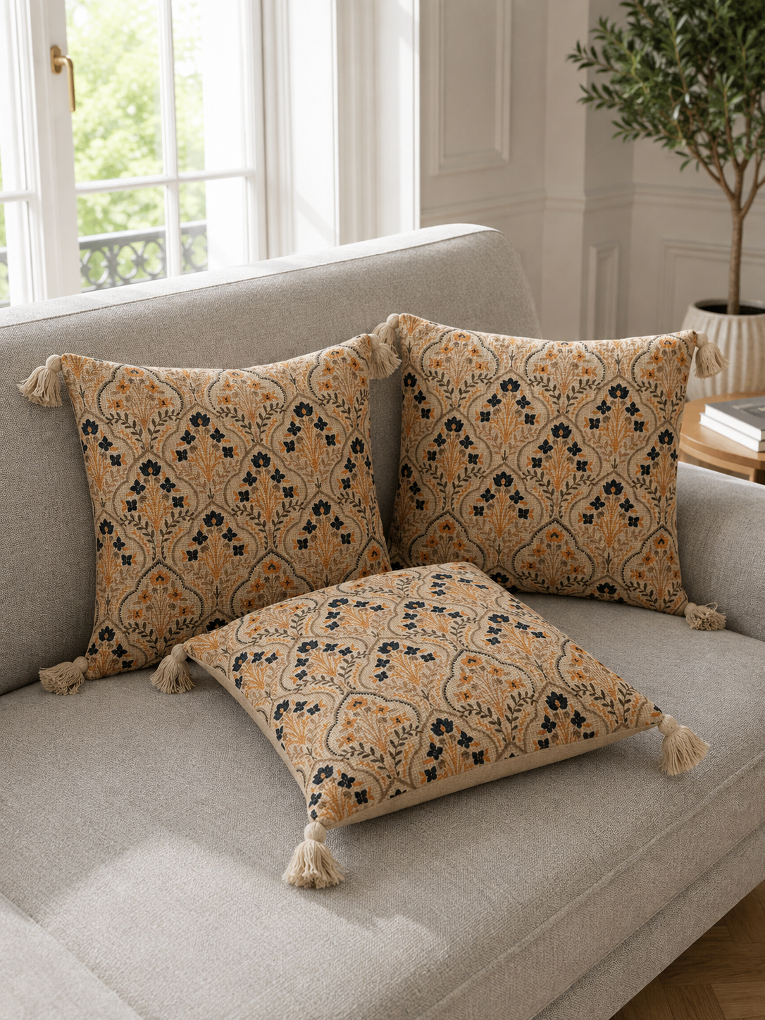 Pure Cotton Hand Block Printed Cushion Cover with Tassels | 16x16 Inch