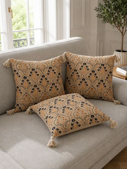 Pure Cotton Hand Block Printed Cushion Cover with Tassels | 16x16 Inch