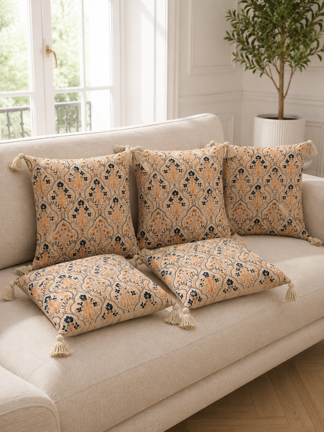 Pure Cotton Hand Block Printed Cushion Cover with Tassels | 16x16 Inch
