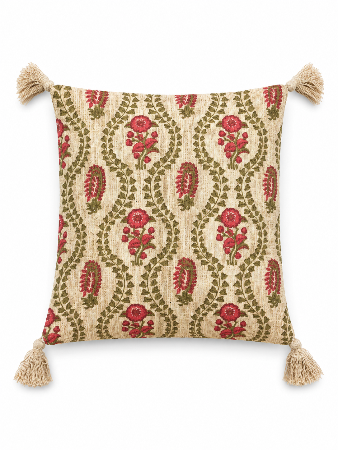 Pure Cotton Hand Block Printed Cushion Cover with Tassels | 16x16 Inch