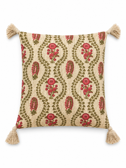 Pure Cotton Hand Block Printed Cushion Cover with Tassels | 16x16 Inch