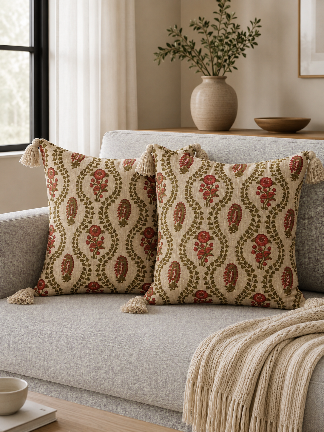 Pure Cotton Hand Block Printed Cushion Cover with Tassels | 16x16 Inch