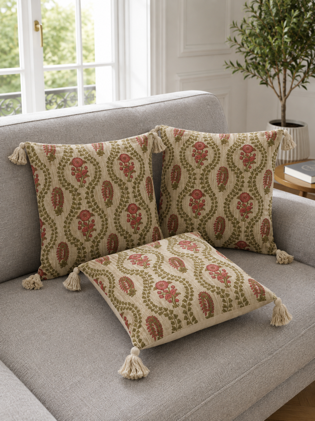Pure Cotton Hand Block Printed Cushion Cover with Tassels | 16x16 Inch