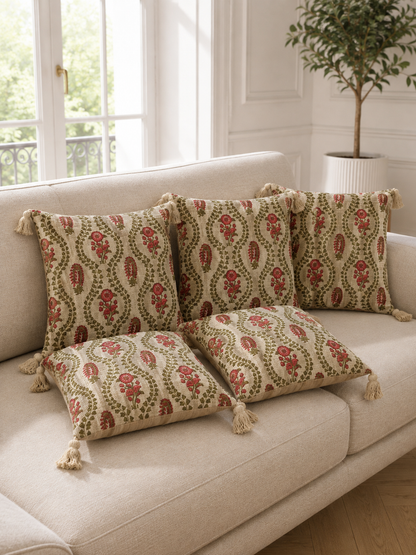 Pure Cotton Hand Block Printed Cushion Cover with Tassels | 16x16 Inch