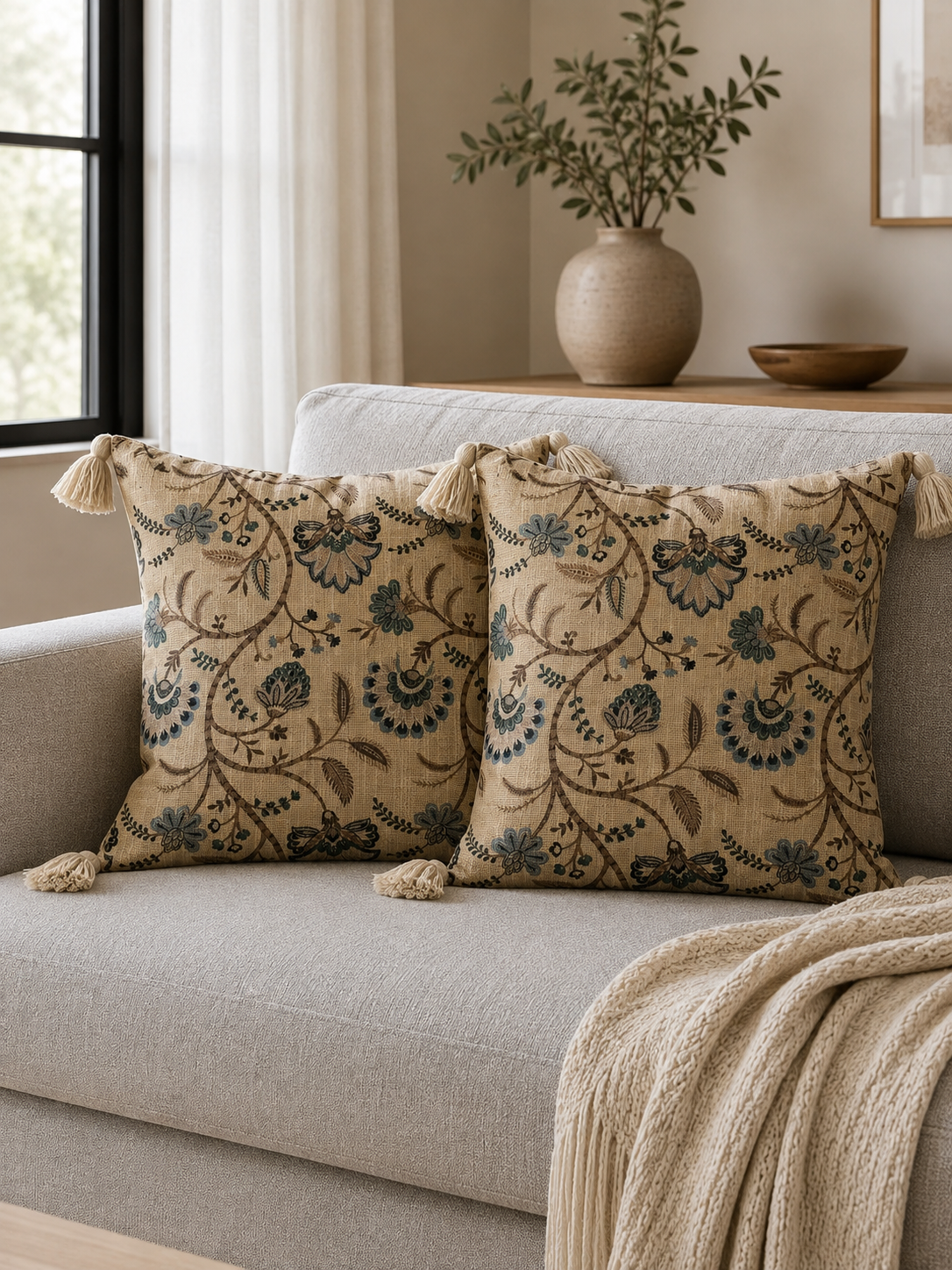 Pure Cotton Hand Block Printed Cushion Cover with Tassels | 16x16 Inch