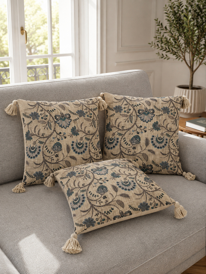 Pure Cotton Hand Block Printed Cushion Cover with Tassels | 16x16 Inch