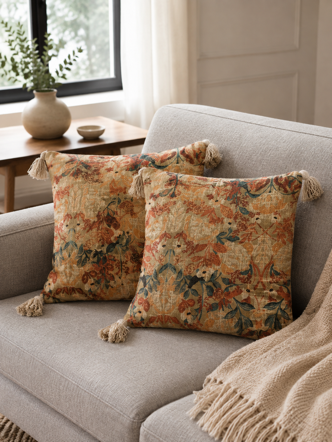 Pure Cotton Hand Block Printed Cushion Cover with Tassels | 16x16 Inch