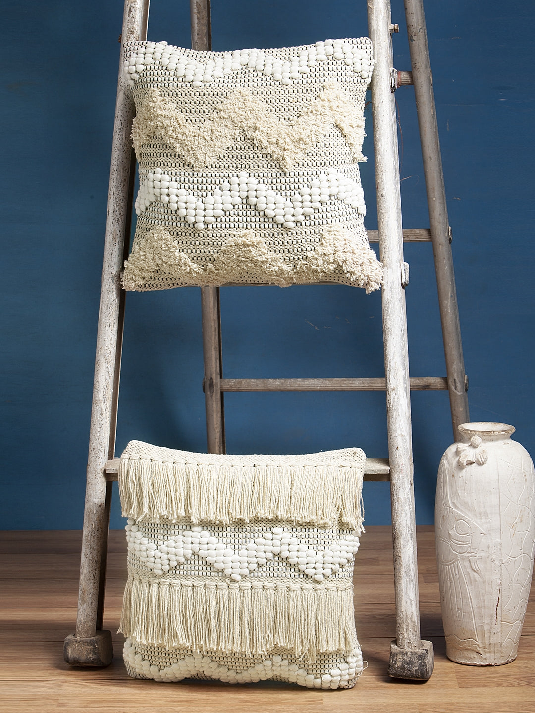 Beige & White Set of 2 Self Design Square Cushion Covers(16 X 16 Inches)