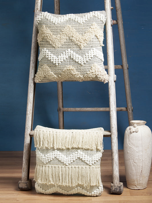 Beige & White Set of 2 Self Design Square Cushion Covers(16 X 16 Inches)