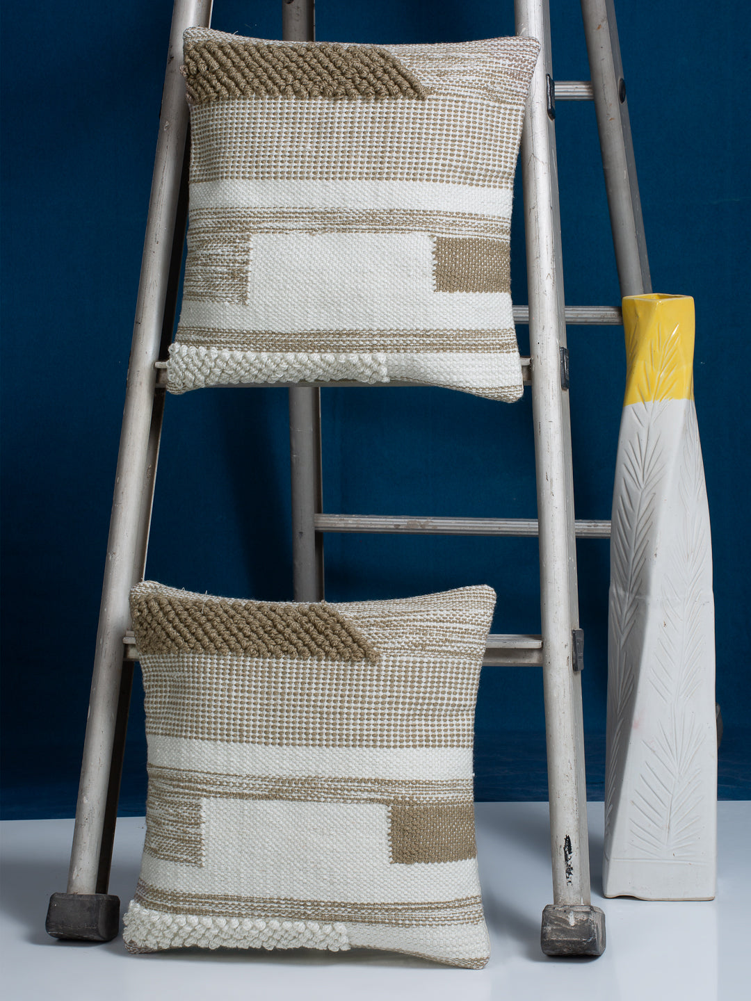 Beige & White Set of 2 Self Design Square Cushion Covers(16 X 16 Inches)