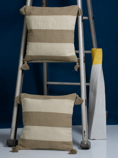 Beige & White Set of 2 Self Design Square Cushion Covers(16 X 16 Inches)