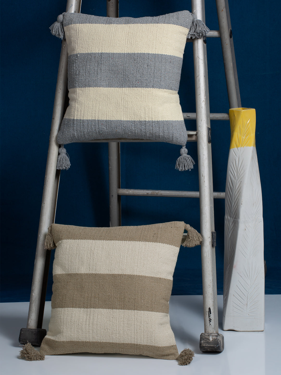Beige & White Set of 2 Self Design Square Cushion Covers(16 X 16 Inches)