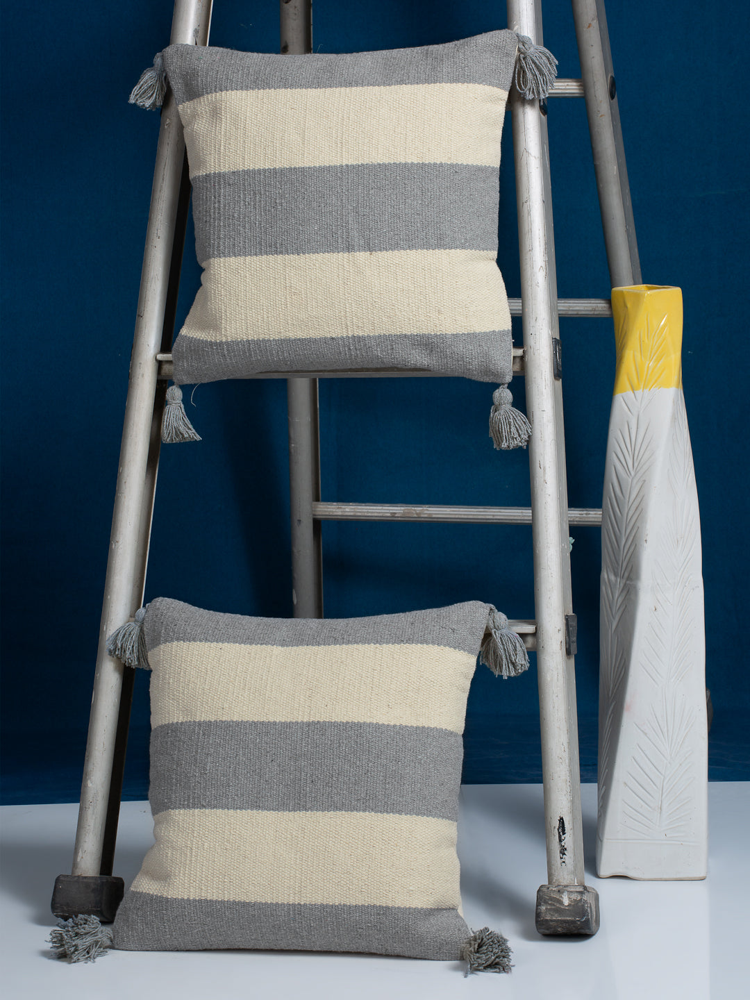 Beige & White Set of 2 Self Design Square Cushion Covers(16 X 16 Inches)