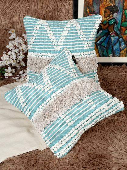 Beige & White Set of 2 Self Design Square Cushion Covers(16 X 16 Inches)