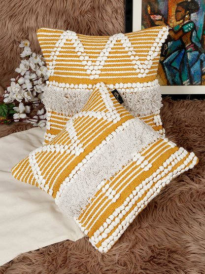 Beige & White Set of 2 Self Design Square Cushion Covers(16 X 16 Inches)