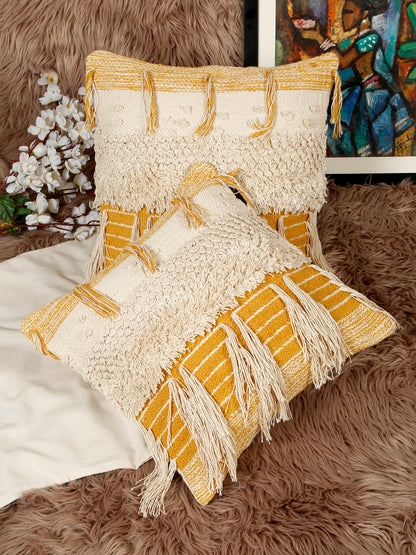Beige & White Set of 2 Self Design Square Cushion Covers(16 X 16 Inches)