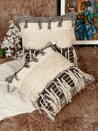 Beige & White Set of 2 Self Design Square Cushion Covers(16 X 16 Inches)