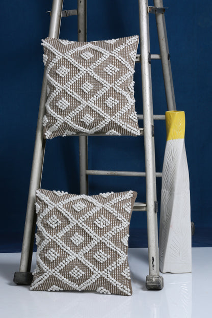 Beige & White Set of 2 Self Design Square Cushion Covers(16 X 16 Inches)