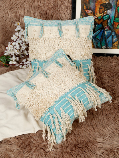 Beige & White Set of 2 Self Design Square Cushion Covers(16 X 16 Inches)