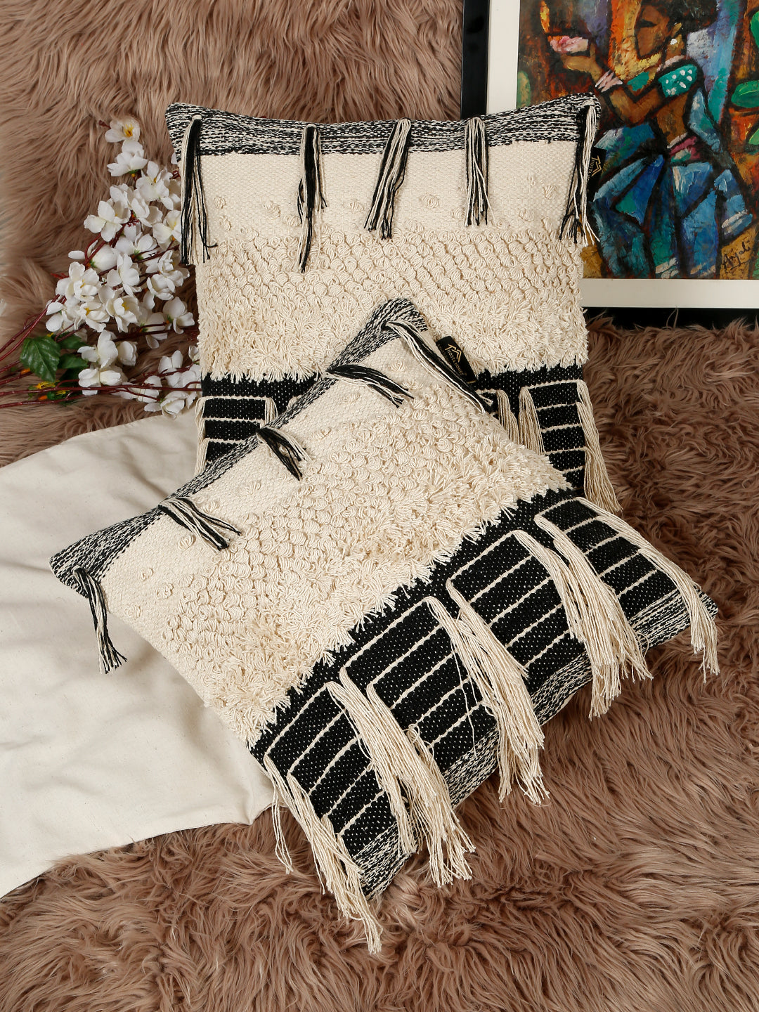 Beige & White Set of 2 Self Design Square Cushion Covers(16 X 16 Inches)