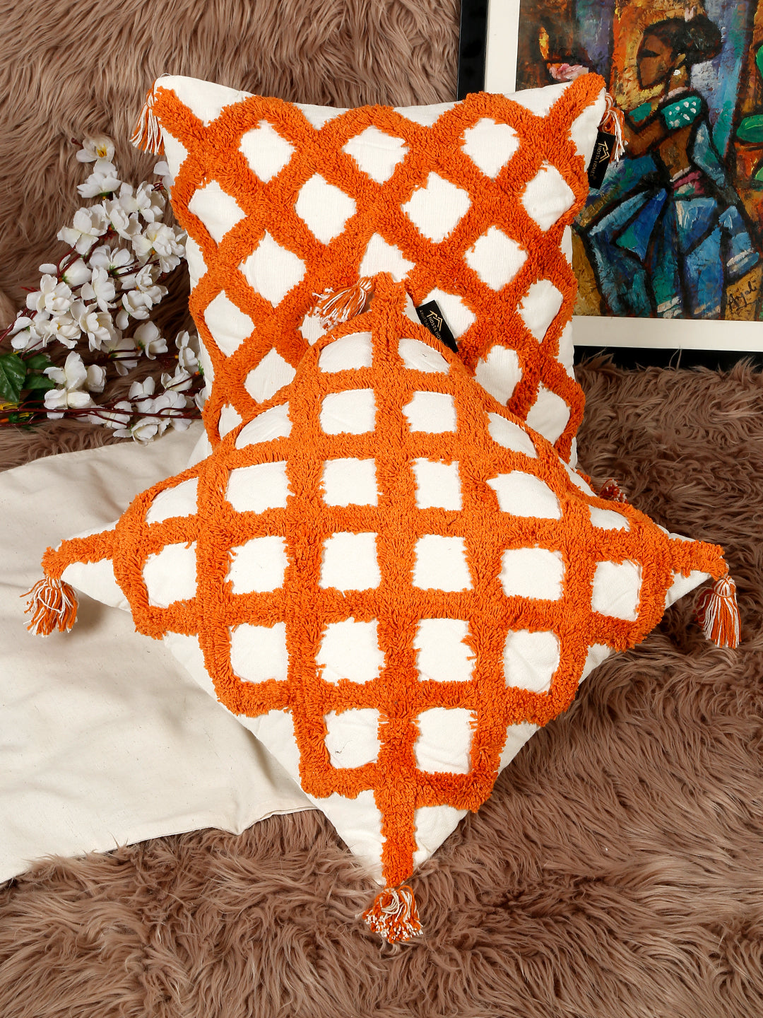 Set Of 2 Geometric Embroidered Pure Cotton Square Cushion Covers(16 X 16 Inches)