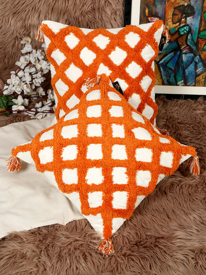 Set Of 2 Geometric Embroidered Pure Cotton Square Cushion Covers(16 X 16 Inches)
