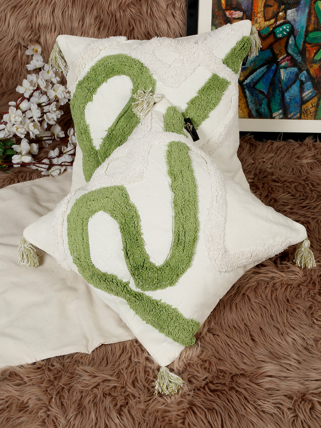 Set Of 2 Geometric Embroidered Pure Cotton Square Cushion Covers(16 X 16 Inches)