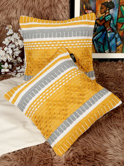 Beige & White Set of 2 Self Design Square Cushion Covers(16 X 16 Inches)