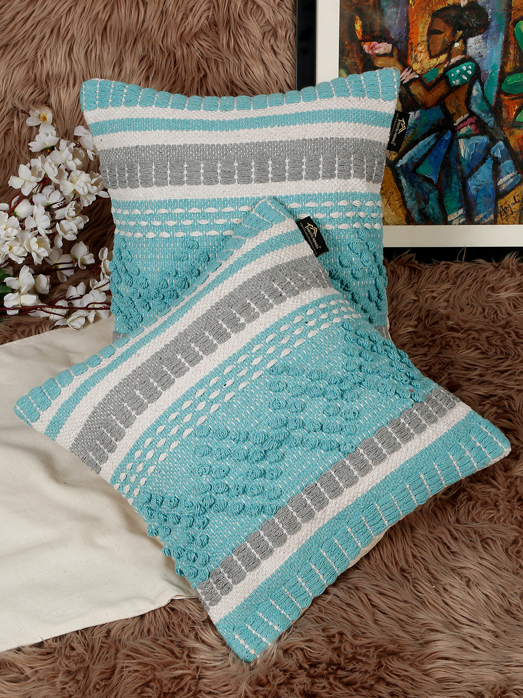 Beige & White Set of 2 Self Design Square Cushion Covers(16 X 16 Inches)