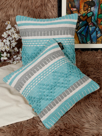 Beige & White Set of 2 Self Design Square Cushion Covers(16 X 16 Inches)