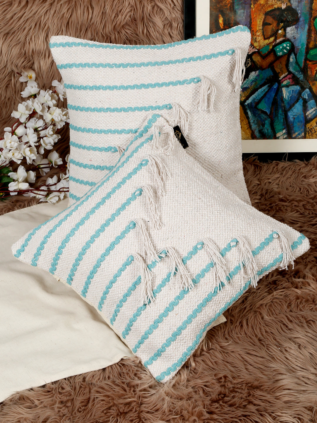 Beige & White Set of 2 Self Design Square Cushion Covers(16 X 16 Inches)