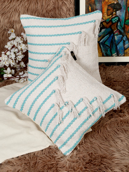 Beige & White Set of 2 Self Design Square Cushion Covers(16 X 16 Inches)