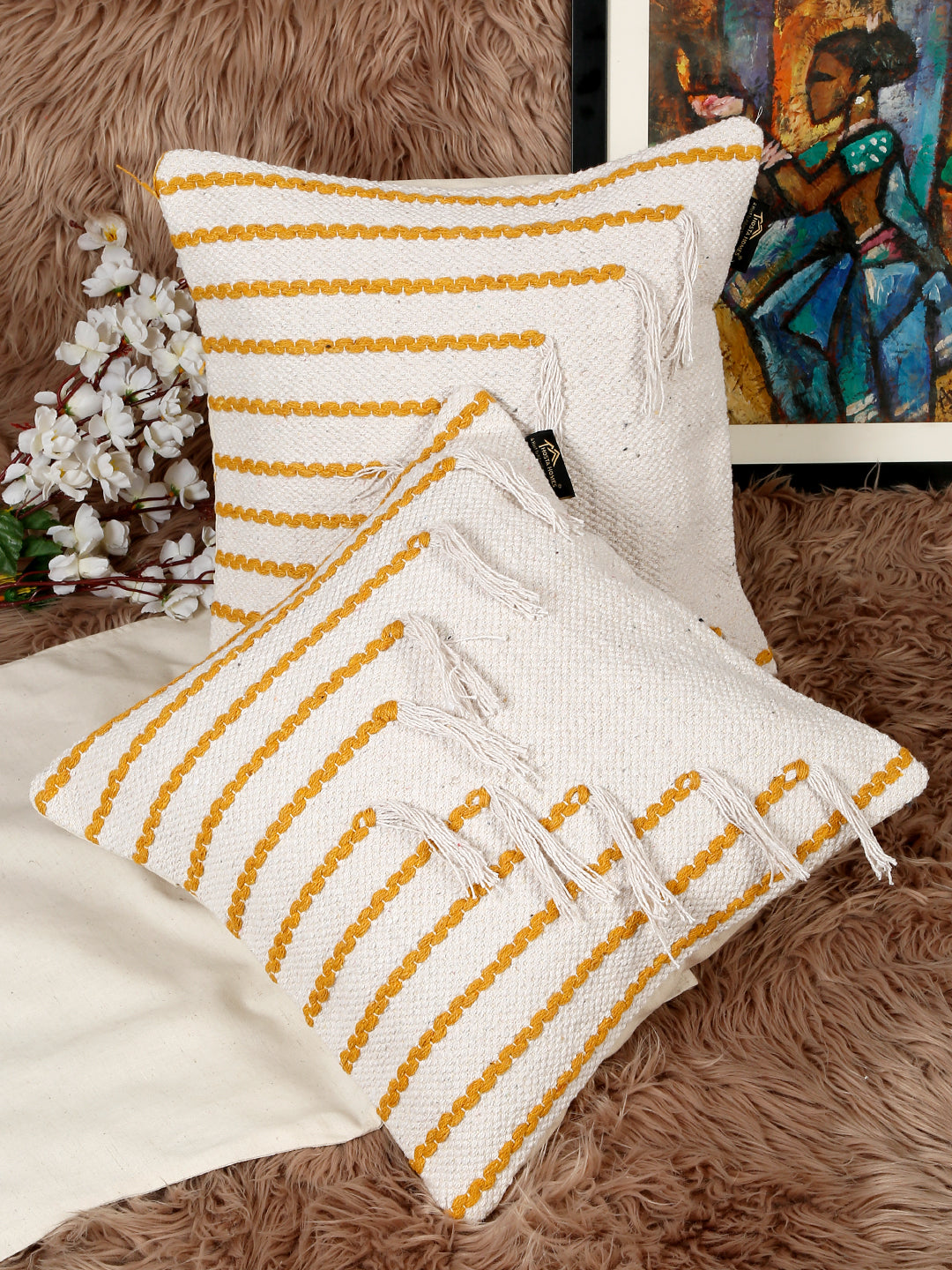 Beige & White Set of 2 Self Design Square Cushion Covers(16 X 16 Inches)
