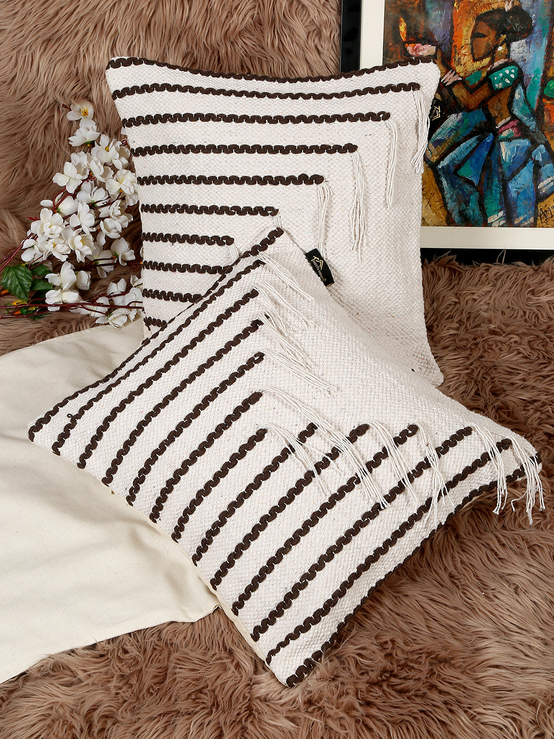 Beige & White Set of 2 Self Design Square Cushion Covers(16 X 16 Inches)