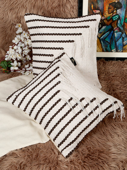 Beige & White Set of 2 Self Design Square Cushion Covers(16 X 16 Inches)