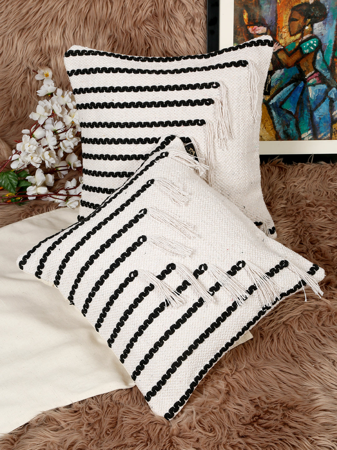Beige & White Set of 2 Self Design Square Cushion Covers(16 X 16 Inches)