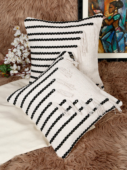 Beige & White Set of 2 Self Design Square Cushion Covers(16 X 16 Inches)