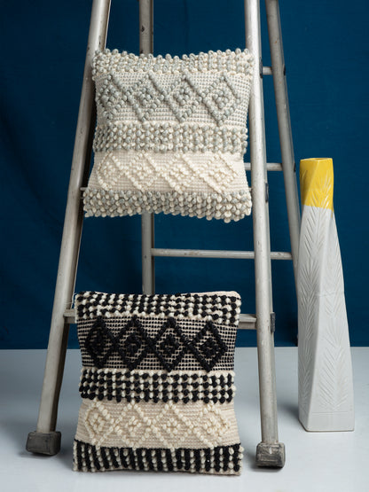 Beige & White Set of 2 Self Design Square Cushion Covers(16 X 16 Inches)
