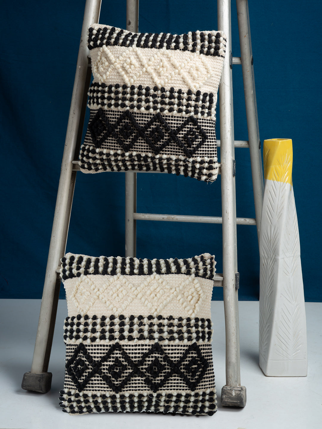 Beige & White Set of 2 Self Design Square Cushion Covers(16 X 16 Inches)