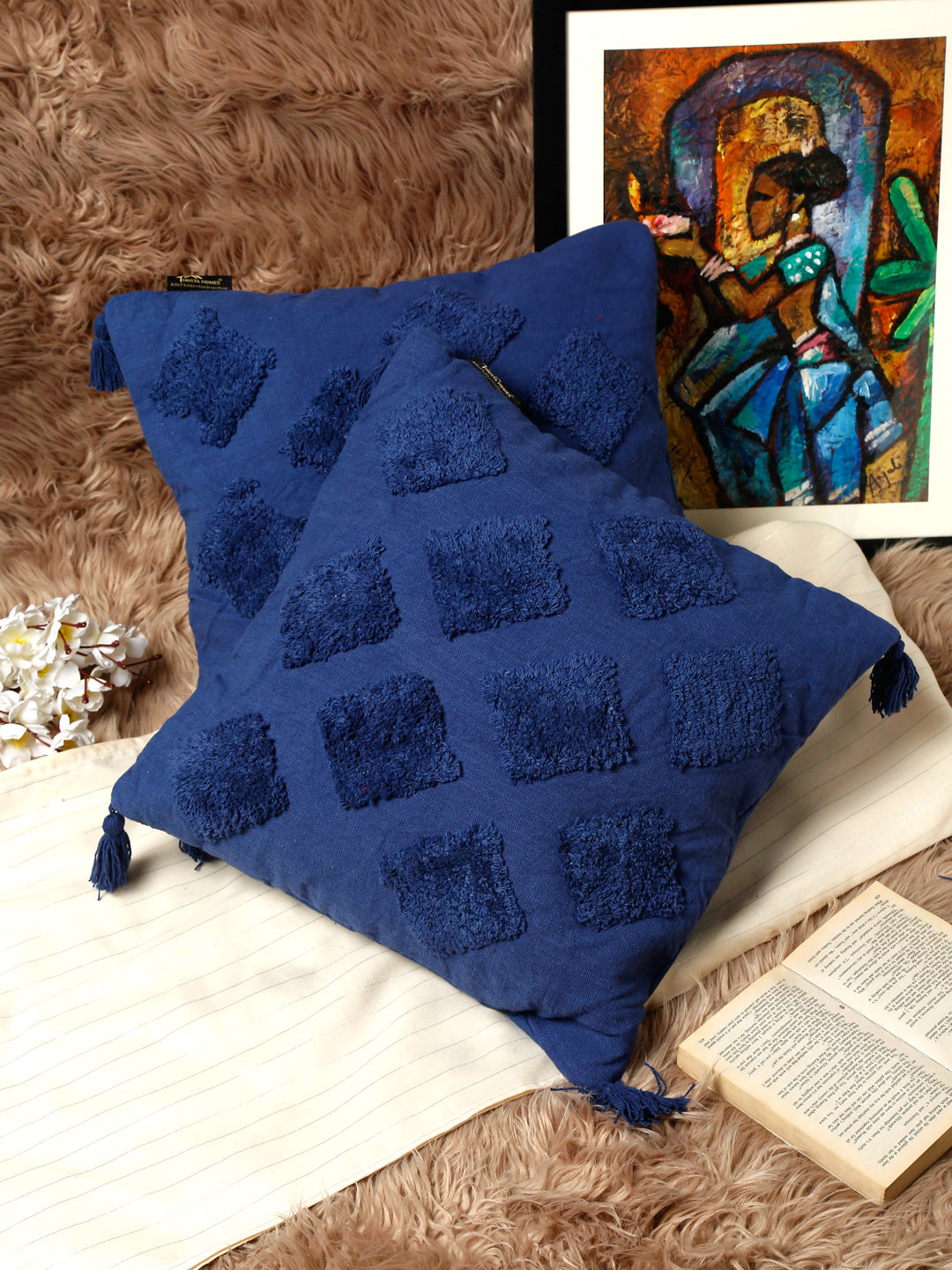 Set Of 2 Geometric Embroidered Pure Cotton Square Cushion Covers(16 X 16 Inches)