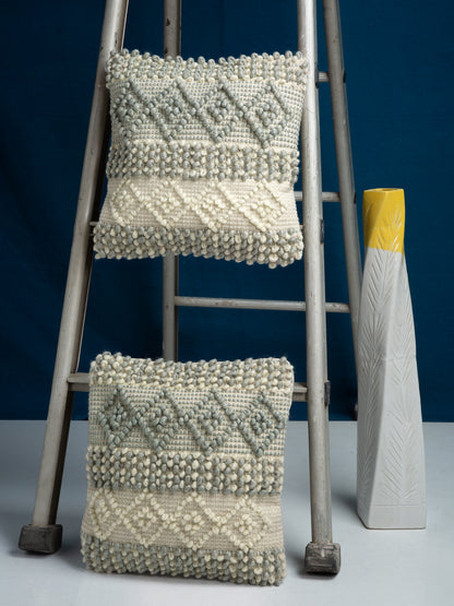 Beige & White Set of 2 Self Design Square Cushion Covers(16 X 16 Inches)