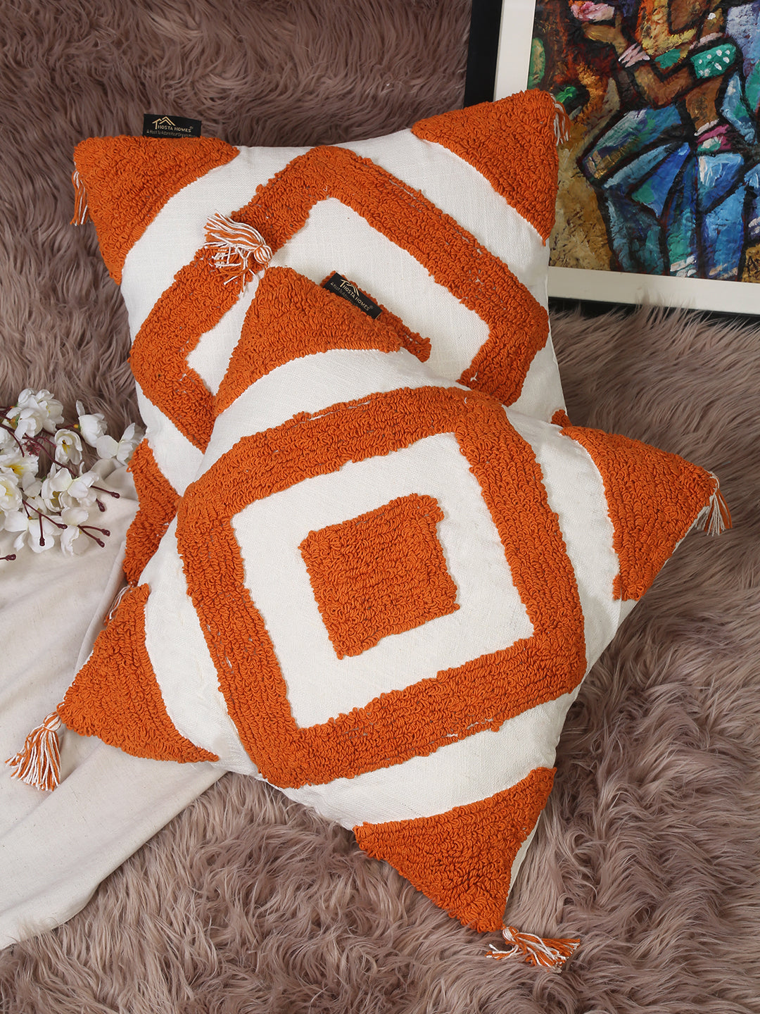 Set Of 2 Geometric Embroidered Pure Cotton Square Cushion Covers(16 X 16 Inches)