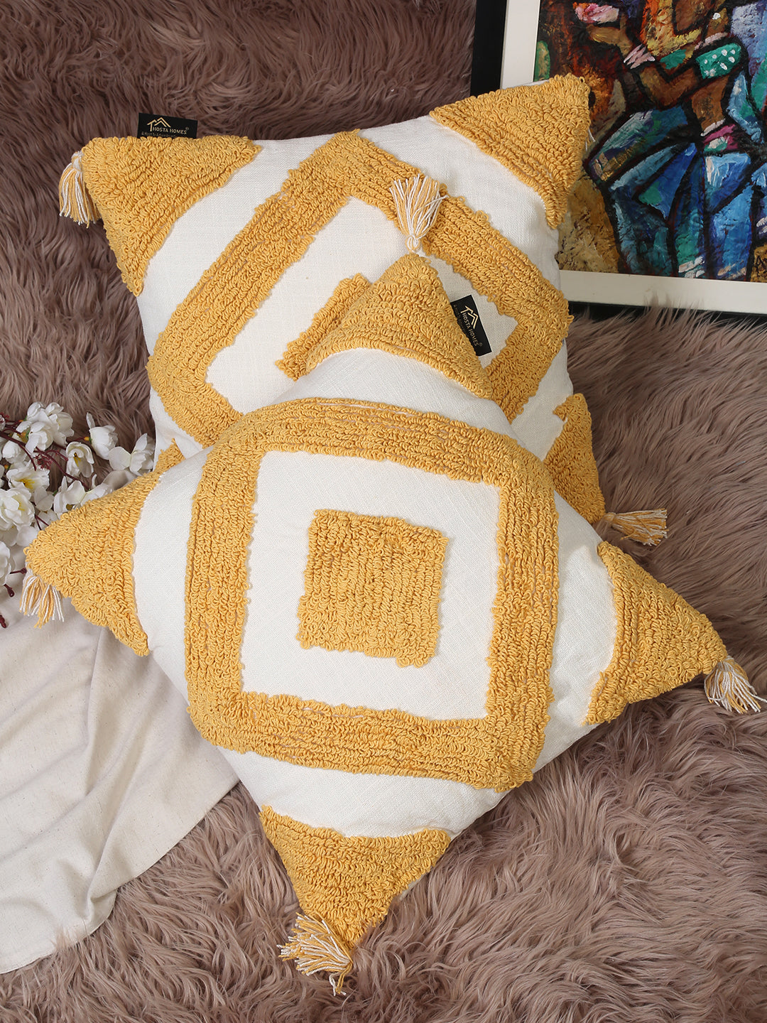 Set Of 2 Geometric Embroidered Pure Cotton Square Cushion Covers(16 X 16 Inches)