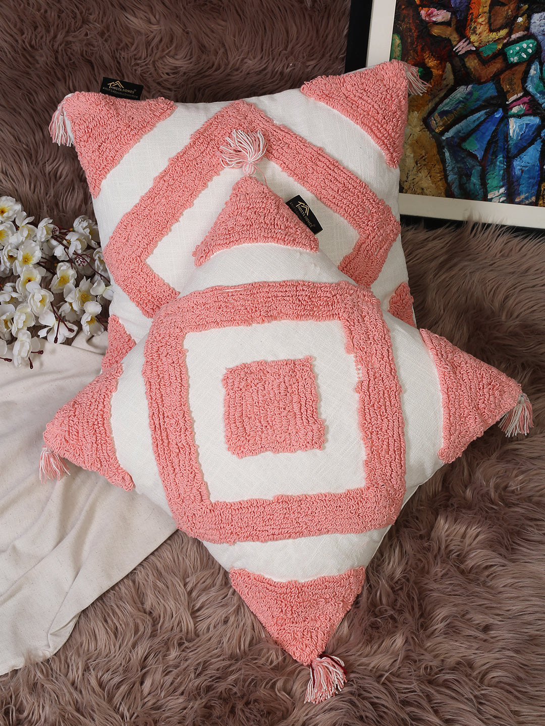 Set Of 2 Geometric Embroidered Pure Cotton Square Cushion Covers(16 X 16 Inches)