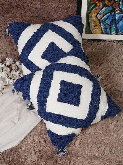 Set Of 2 Geometric Embroidered Pure Cotton Square Cushion Covers(16 X 16 Inches)
