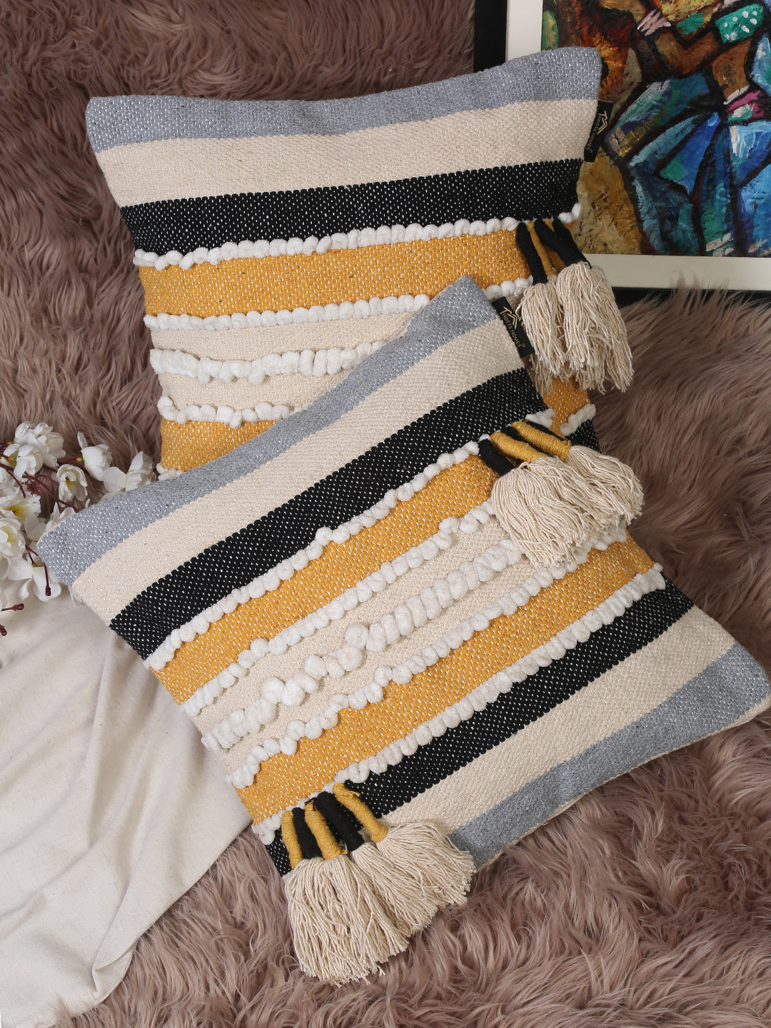 Beige & White Set of 2 Self Design Square Cushion Covers(16 X 16 Inches)