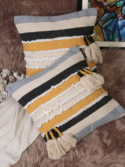 Beige & White Set of 2 Self Design Square Cushion Covers(16 X 16 Inches)