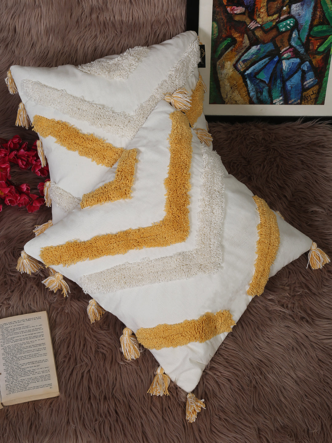 Set Of 2 Geometric Embroidered Pure Cotton Square Cushion Covers(16 X 16 Inches)